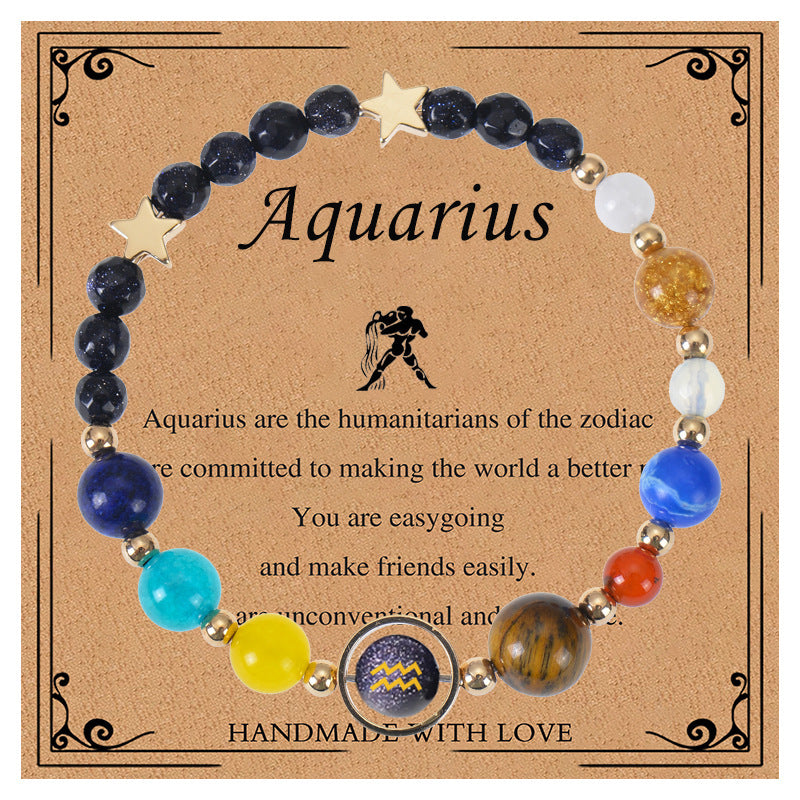 Elegant Geometric Natural Stone Obsidian Crystal Blue Sandstone Bracelet Unisex Zodiac Galaxy Universe Star Beaded Bracelet