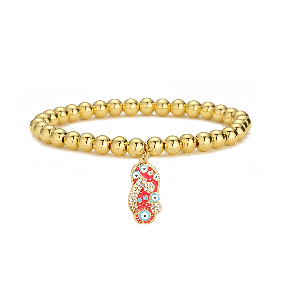 Minimalist Geometric Pendant Bracelet for Women with 18K Gold Plated Copper Beads and Enamel Zirconia Slipper Charm