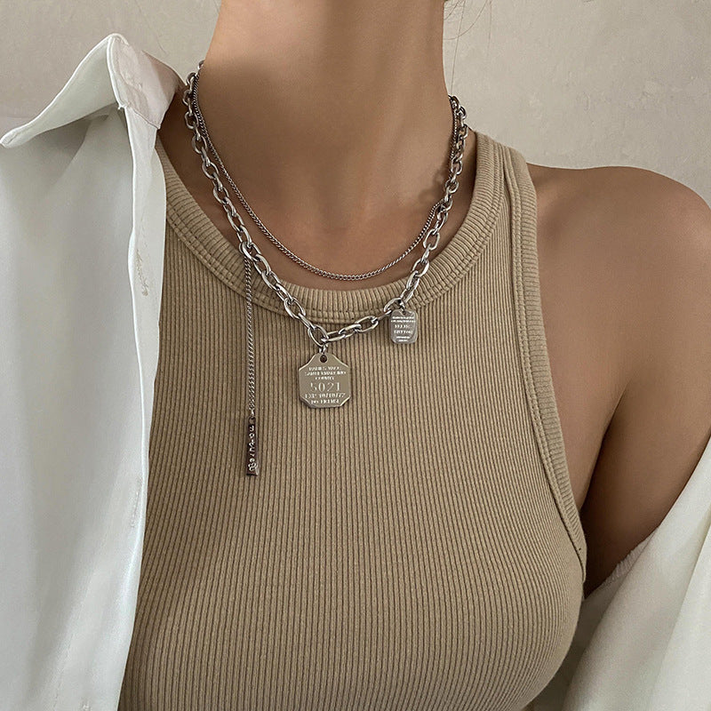 Collar Minimalista de Doble Capa con Cadena de Serpiente, Geométrico, de Acero de Titanio, Bañado, Unisex