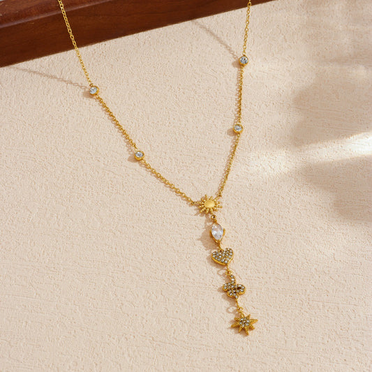 Vintage Gold Plated Stainless Steel Star Heart Rhinestone Pendant Necklace for Women