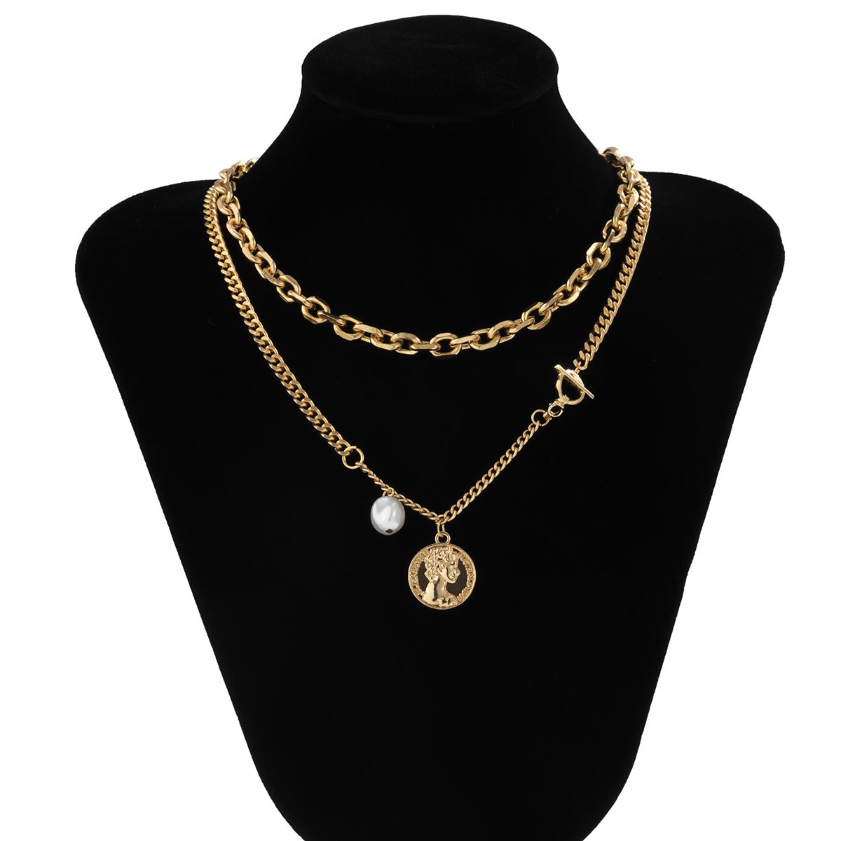 Vintage Geometric Pendant Necklace with Engraved Portrait Motif, Hollow-Cut Cross Design, Alloy Base with Gold Plating, Double-Layer Chain