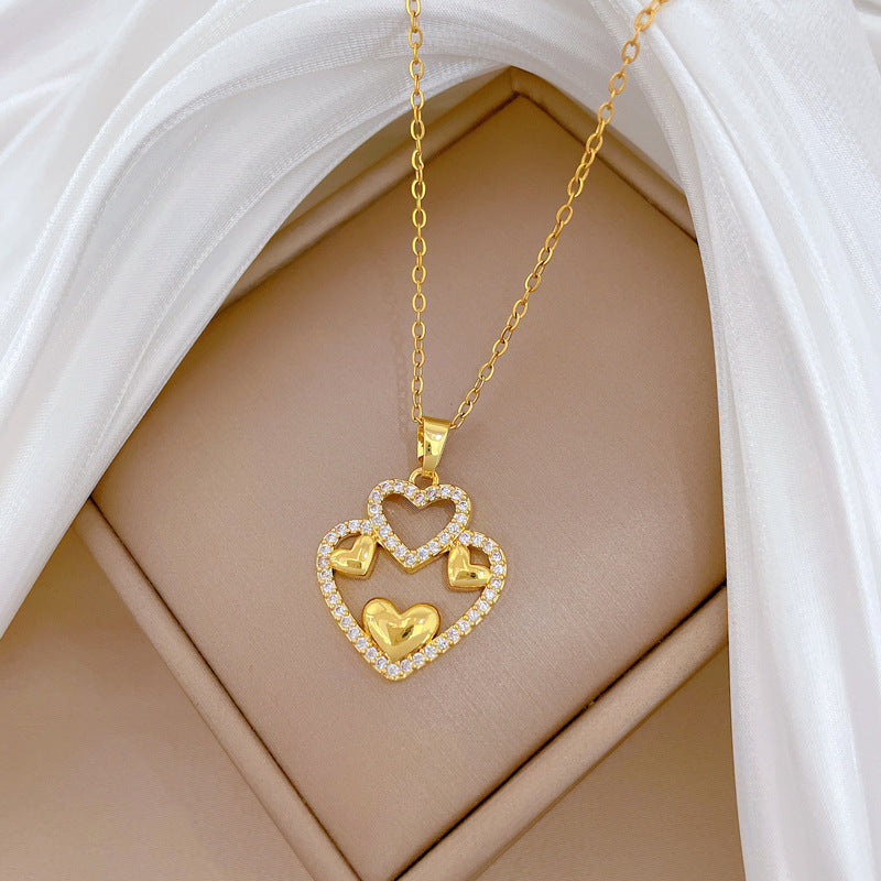 Sweet Minimalist Hollow Double-Layer Heart Rhinestone Titanium Steel Necklace for Unisex