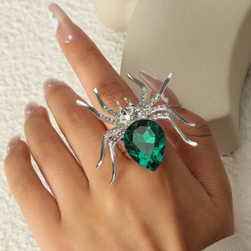 Sweet-Edgy Spider-Shaped Alloy Ring with Rhinestone Inlay Adjustable Fashion Jewelry for Women