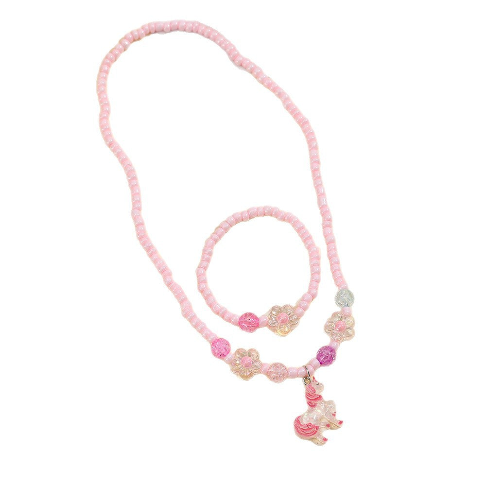 Lindo conjunto de collar de resina de sirena y unicornio para niños con detalles de arcoíris y cadena de cuentas redondas