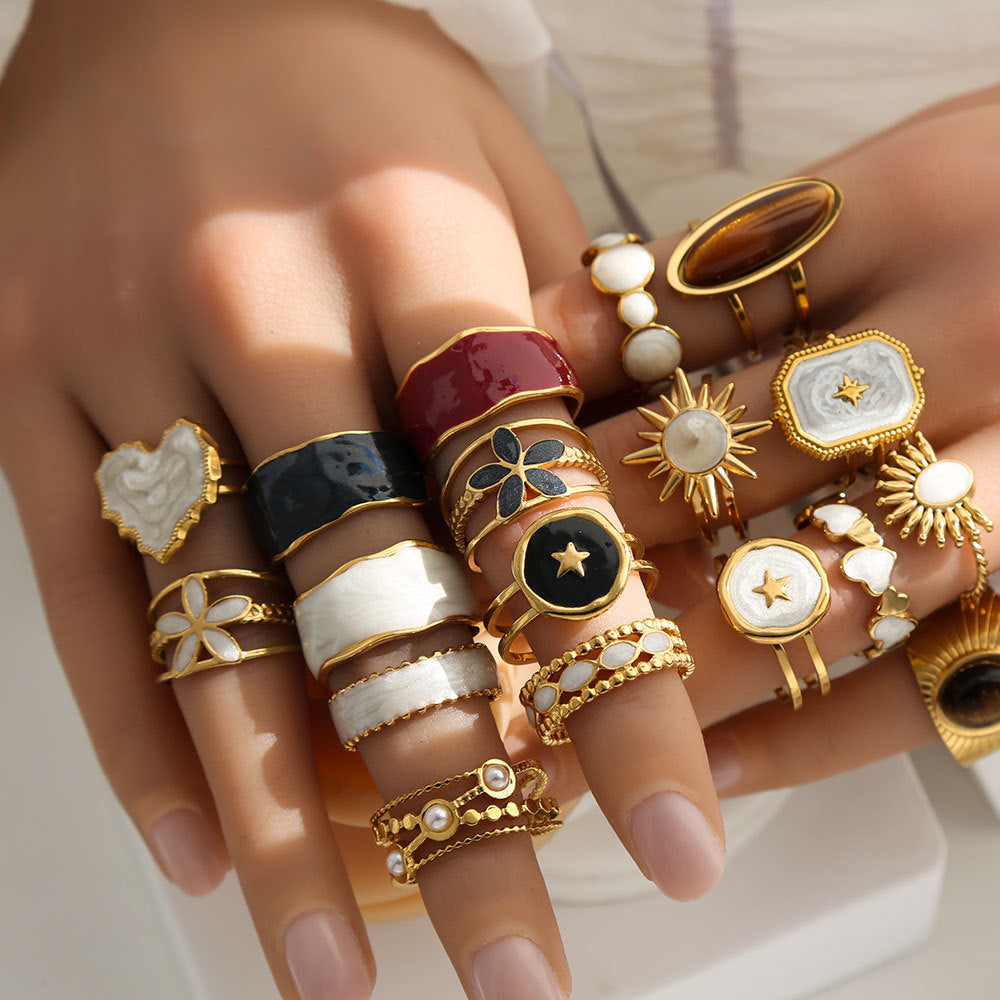 Vintage Instagram Style Adjustable Geometric Stainless Steel Ring with 18K Gold Plating for Women