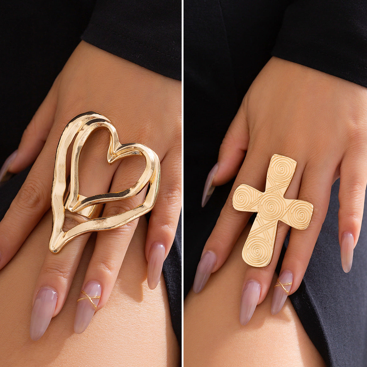 Sweet Punk Plated Alloy Heart Cross Ring with Floral Pattern for Women