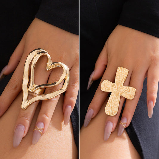 Sweet Punk Plated Alloy Heart Cross Ring with Floral Pattern for Women