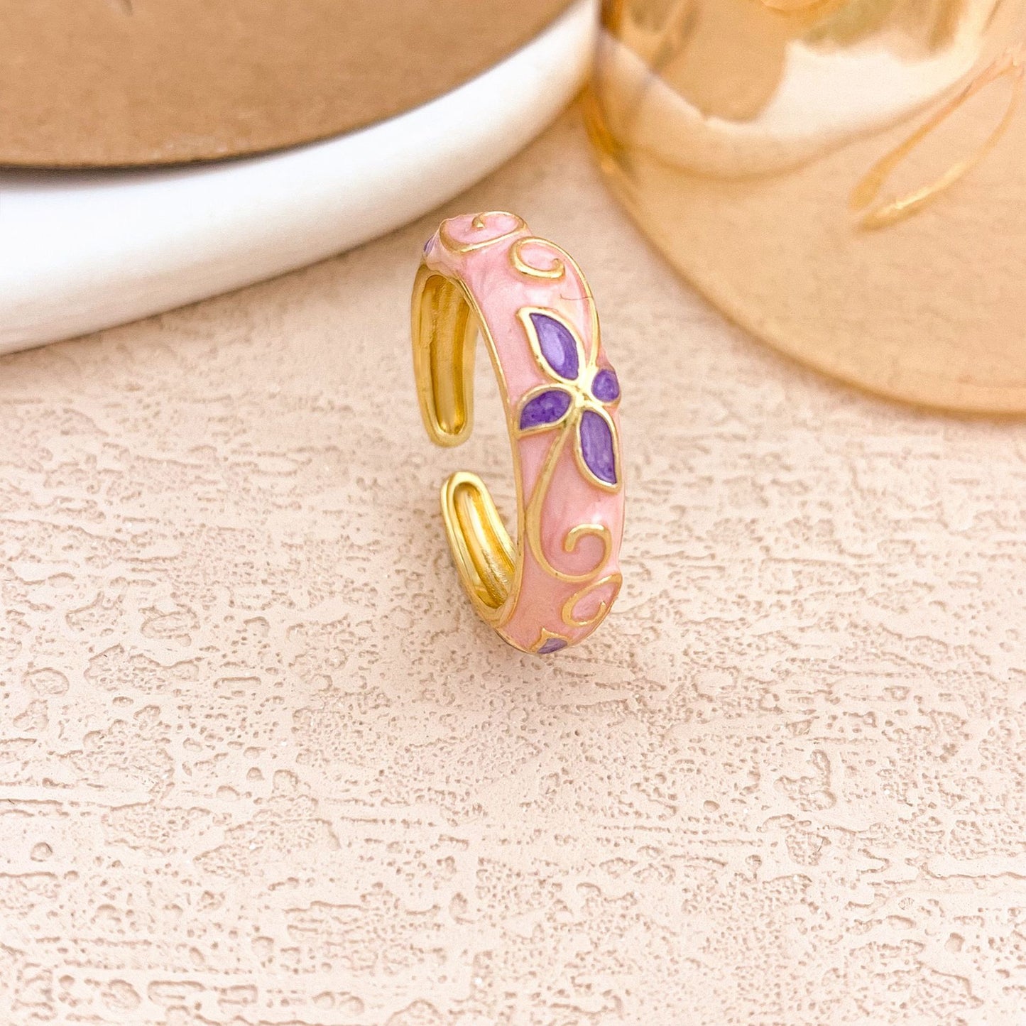 Luxury Elegant Floral Enamel Drip Oil Plated Alloy Round Ring for Women