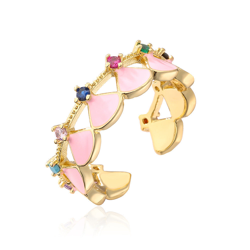 Anello Aperto Geometrico da Donna con Base in Rame Placcato in Oro 18K e Intarsio in Zirconia Smaltata