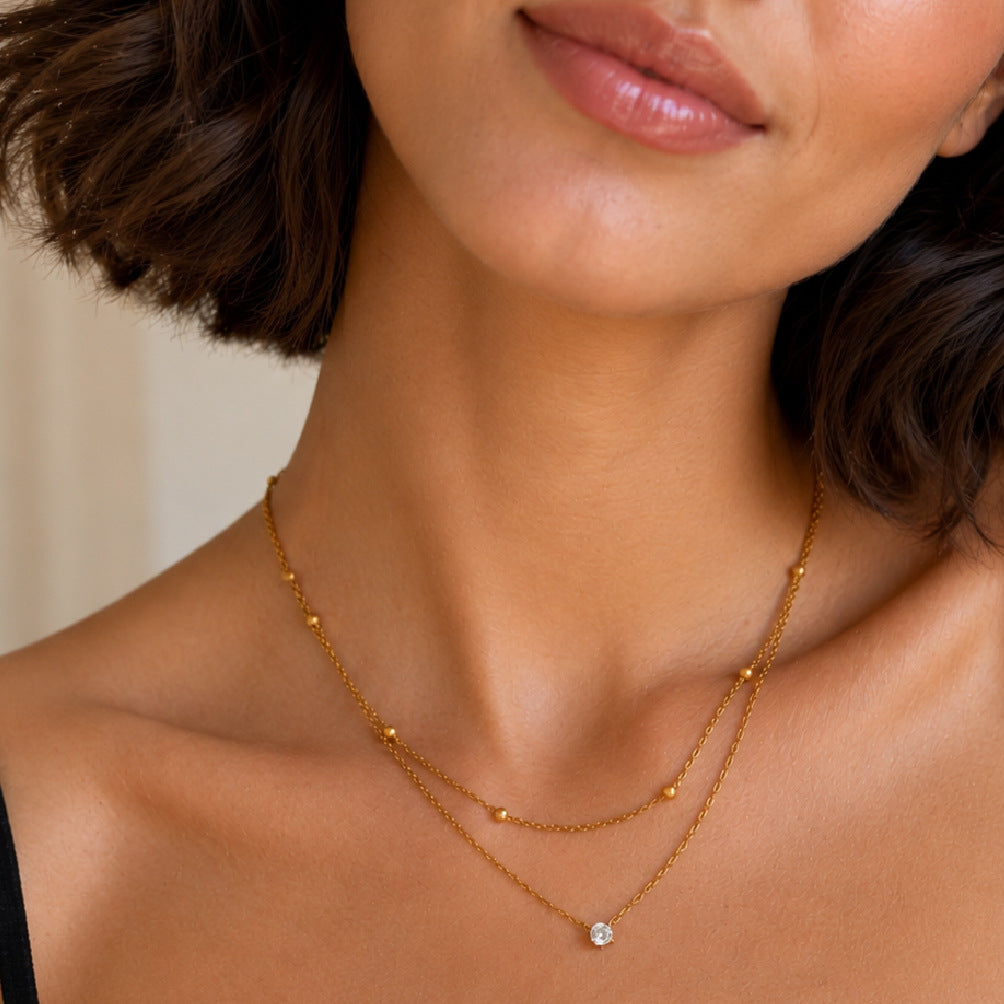 Luxury Geometric Stainless Steel Pendant Necklace with Cubic Zirconia Inlay PVD Plated Double Layer Chain for Women