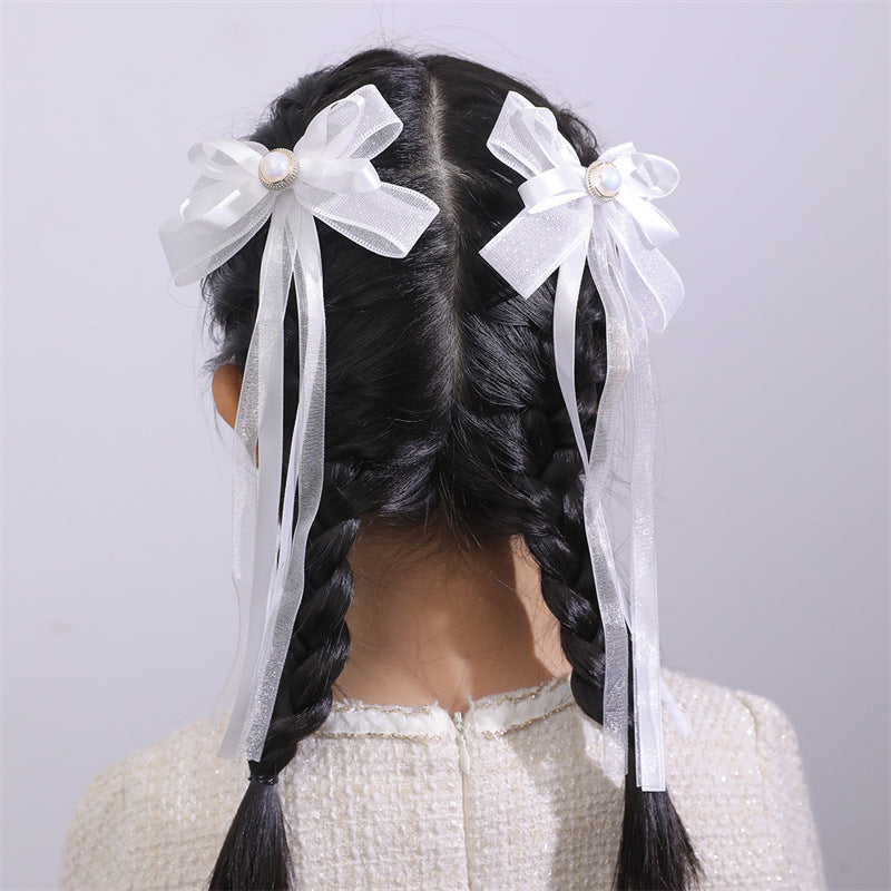 Set di fermagli per capelli in tessuto a forma di fiocco con nastri lunghi e fluenti per bambini, accessori per capelli minimalisti fatti a mano