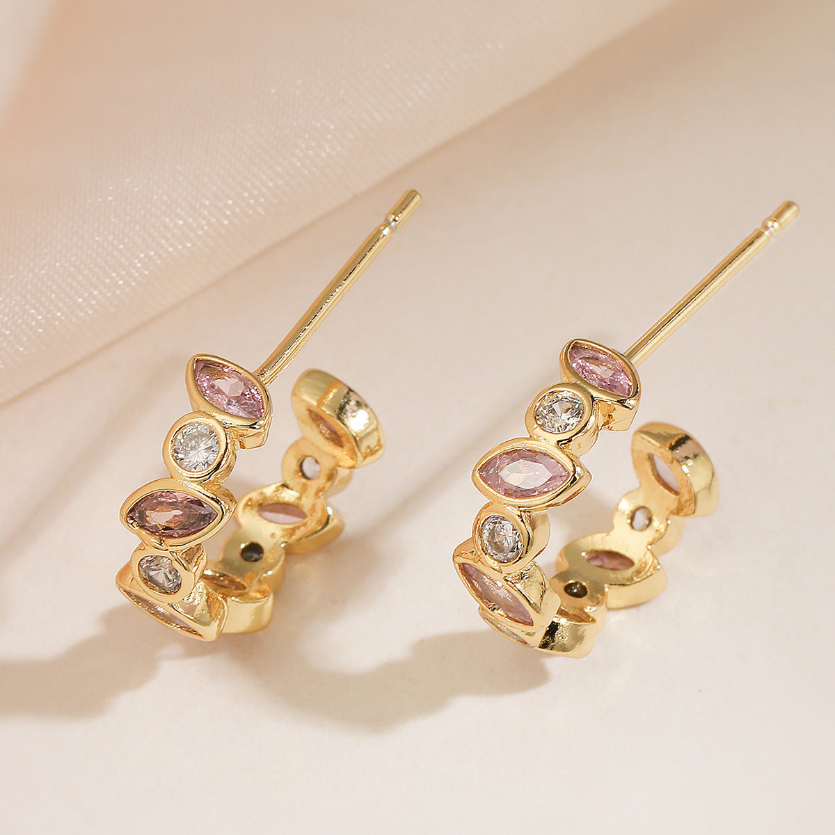Fashionable Geometric Asymmetrical Copper Earrings with 18K Gold Plating and Zircon Accents for Women