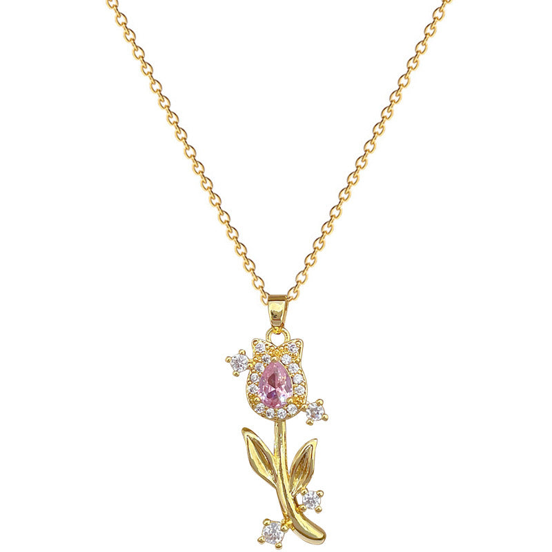 Collana da donna con ciondolo a tulipano di lusso interamente in strass, catena delicata per clavicola in acciaio al titanio con design geometrico