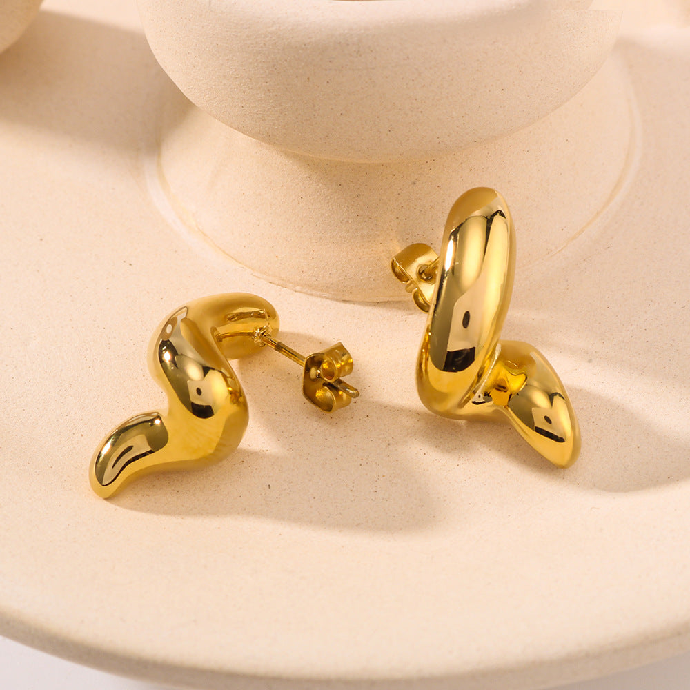 Orecchini in Acciaio Inox Minimalisti a Onda Geometrica con Placcatura Oro 18K e Dettaglio Linea Lucida