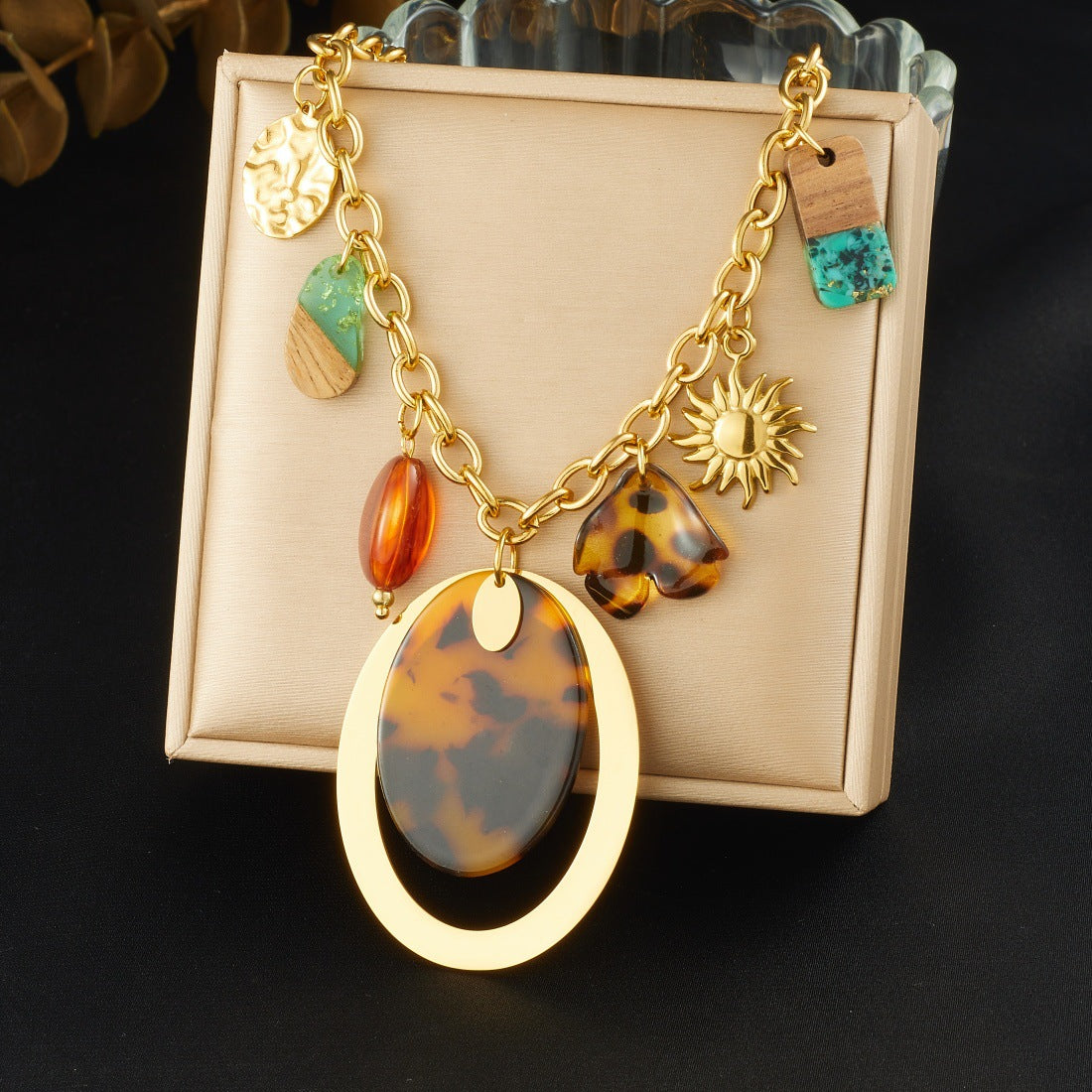 Vintage Gold Plated Geometric Oval Leopard Print Stainless Steel Pendant Necklace for Women