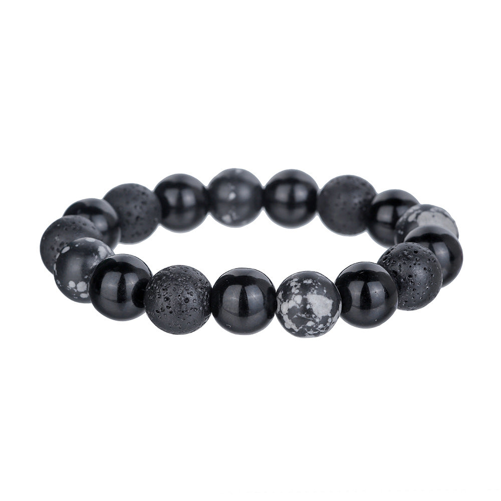 Vintage Ethnic Handmade Stone Beaded Bracelet Unisex 12mm 10mm 8mm Round Lava Snowflake Stone Elastic String