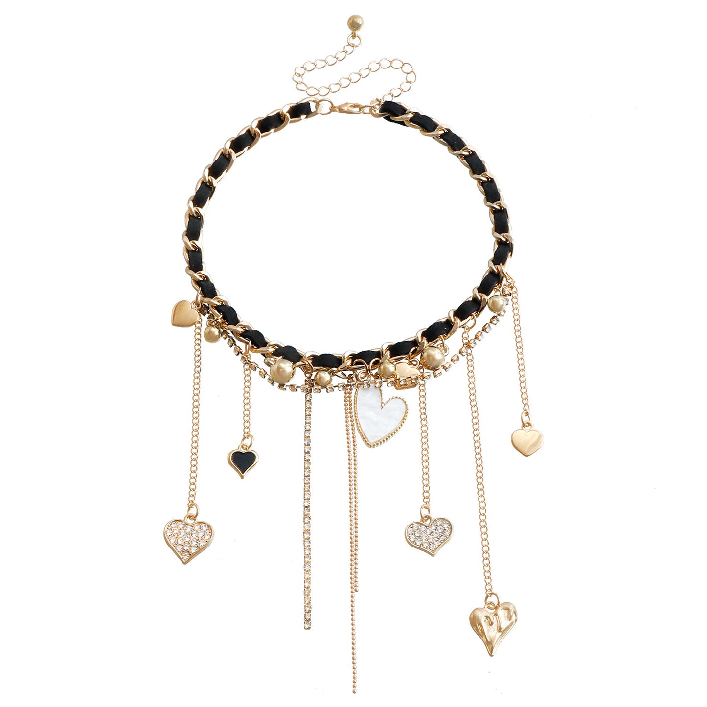 Collana da donna a croce con ciondolo a cuore e nappe chic, in lega placcata con strass