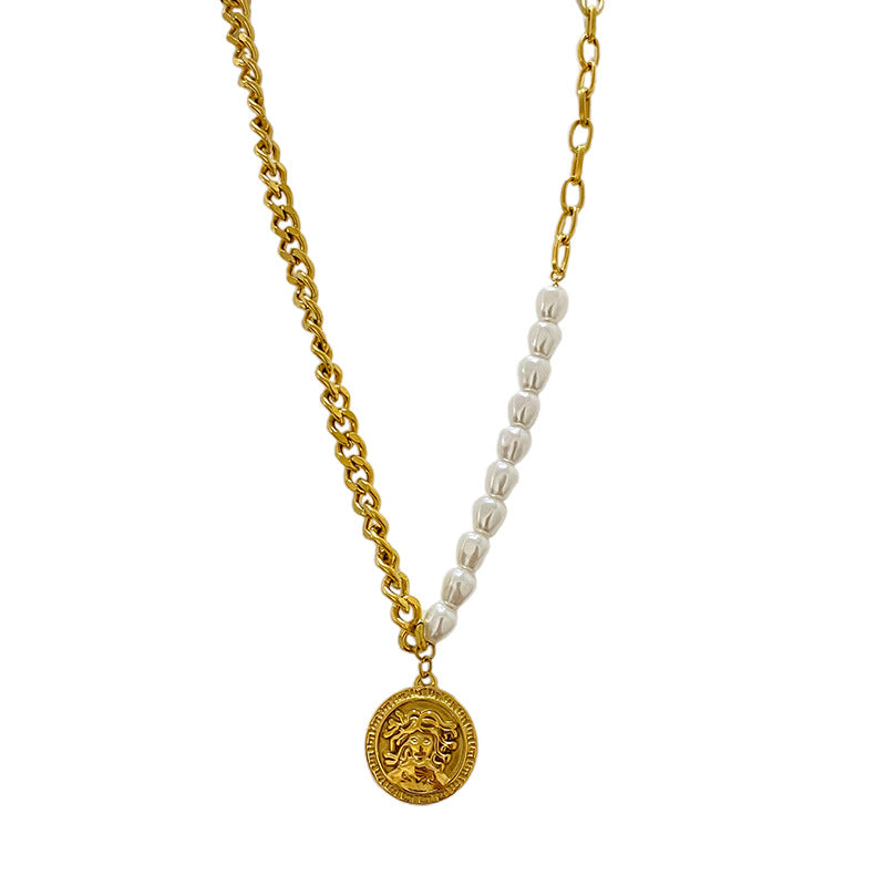 Baroque Geometric Gold Plated Titanium Steel Necklace with Pearl Beads for Unisex