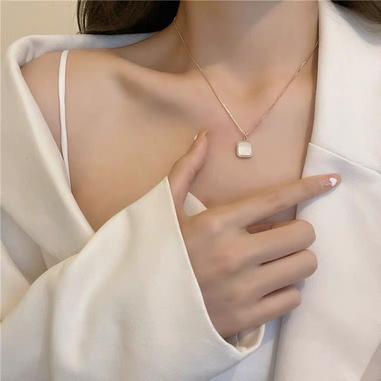 Minimalist Square Mother-of-Pearl Pendant Necklace for Women in Titanium Steel with Plated Finish and Box Chain