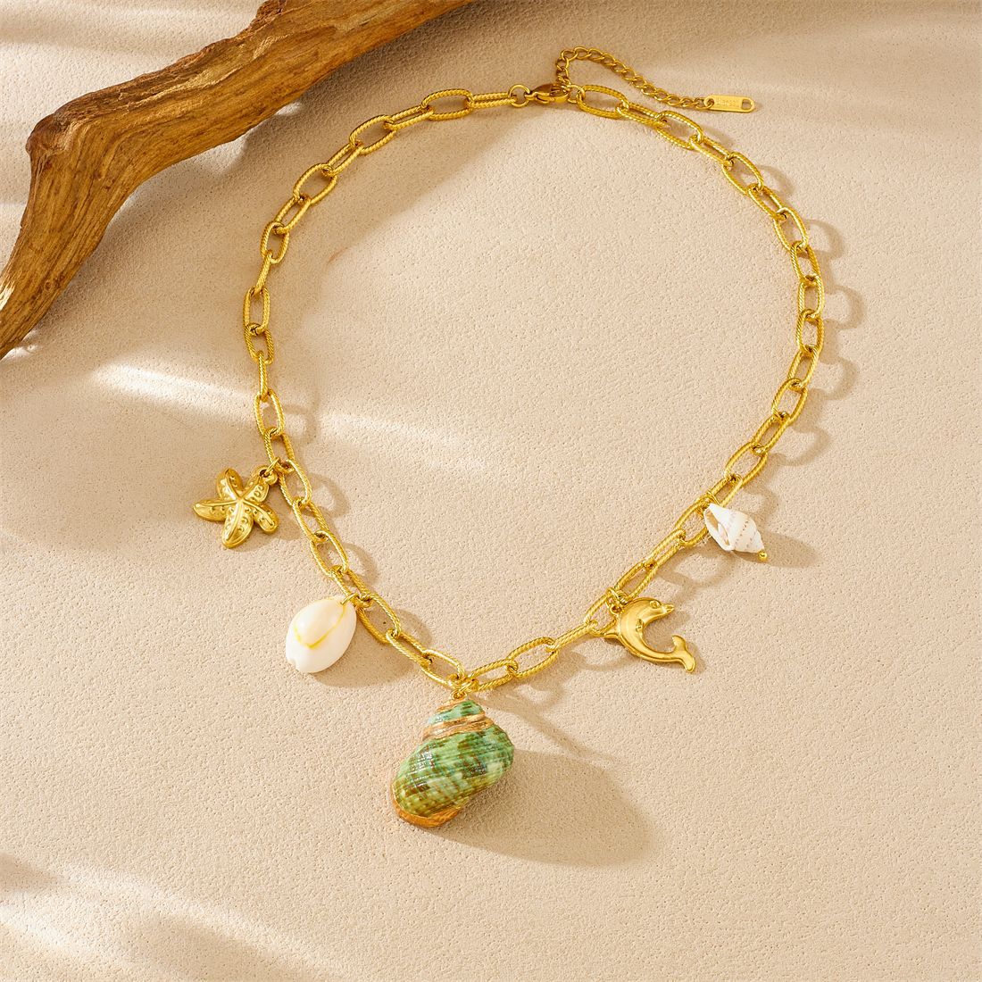 Vintage Gold Plated Animal Starfish Dolphin Shell Conch Pendant Stainless Steel Curb Chain Necklace for Women