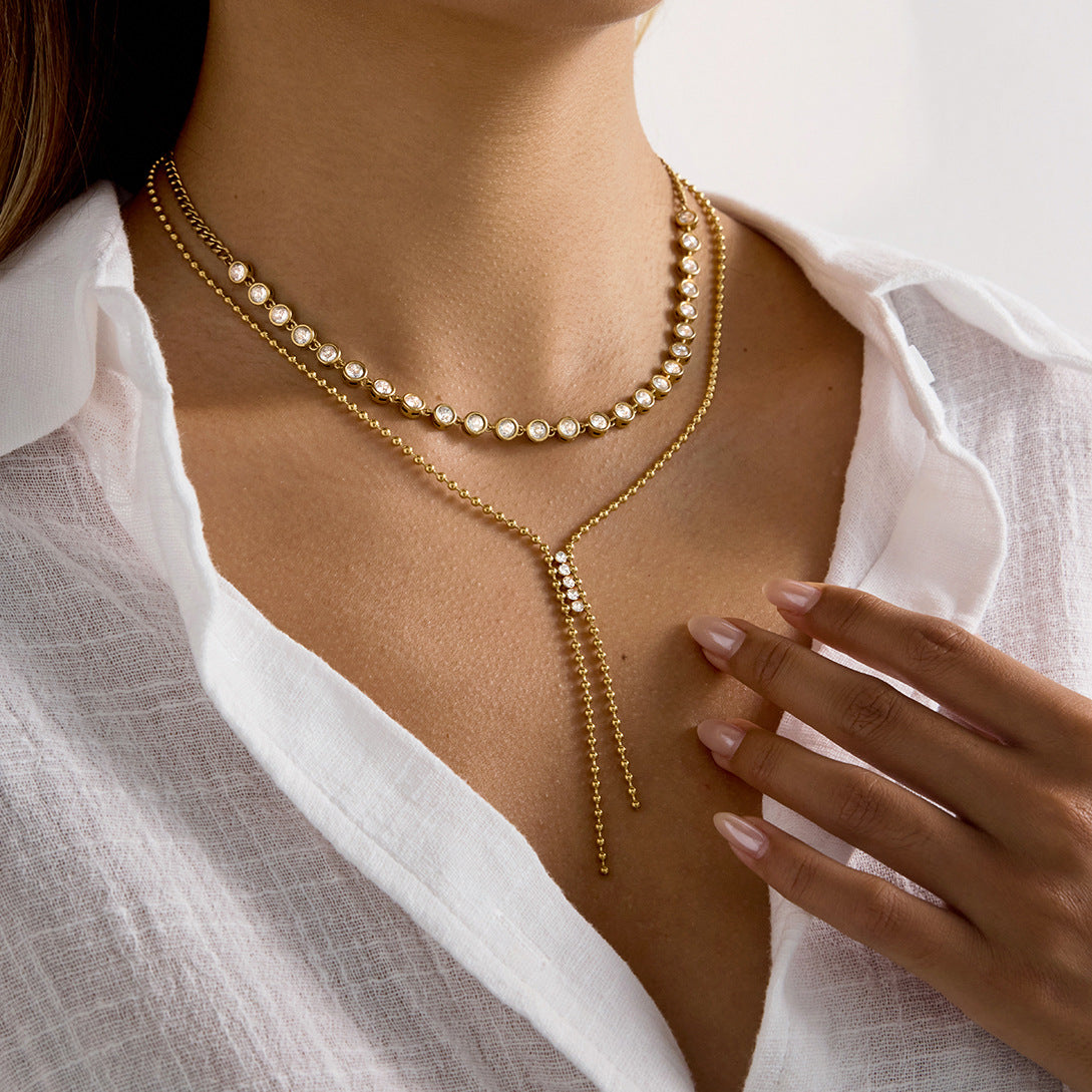 Collana a catena a Y in acciaio inossidabile placcato oro 18 carati con pendente a nappina di strass per donna, lusso minimalista
