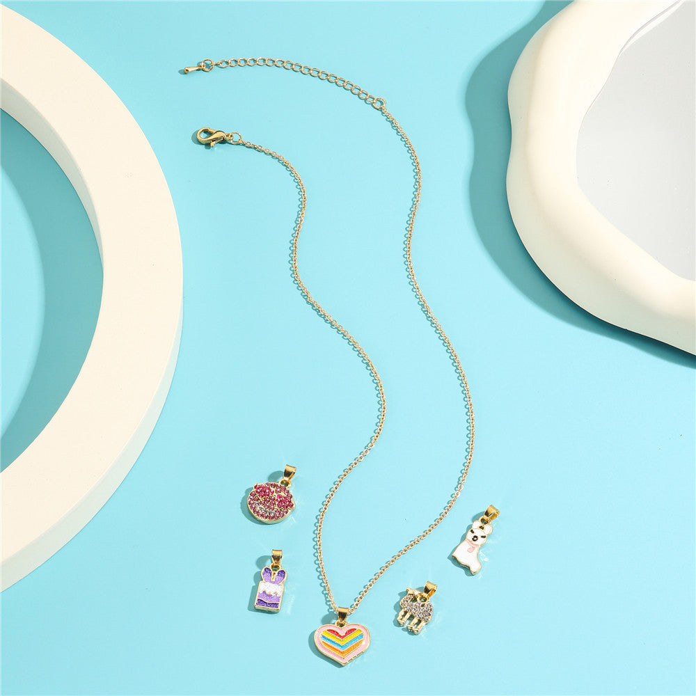 Cartoon Unicorn Pendant Necklace Set for Girls with Ice Cream Cake and Rainbow Design, Enamel Alloy Choker Chain for Kids Ages 3-10