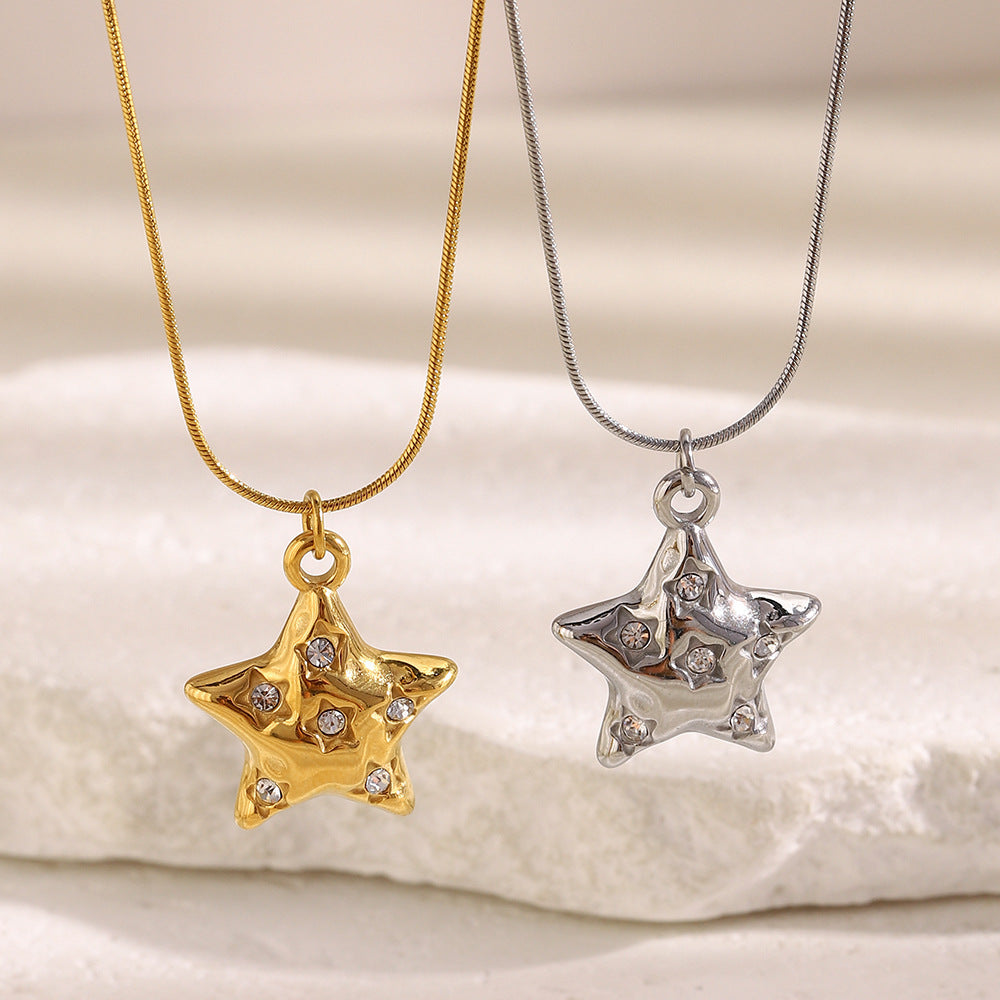 Luxury Minimalist Star-Shaped Stainless Steel Necklace with 18K Gold Plating and Rhinestone Accents