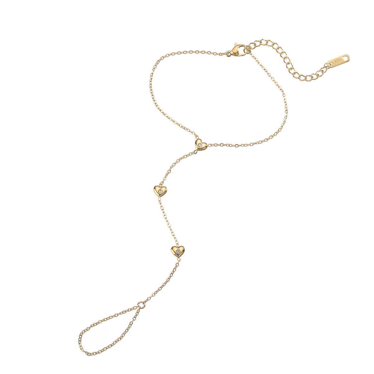 Fashion 18K Gold Plated Heart Cubic Zirconia Stainless Steel Hand Chain for Women