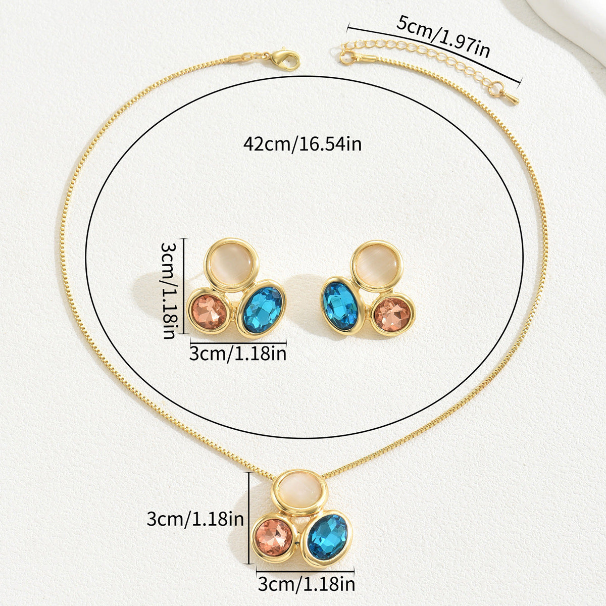 Collana con Pendente Geometrico Minimalista e Orecchini per Donna Rame con Intarsi Dorati e Pietre Semipreziose Multicolori
