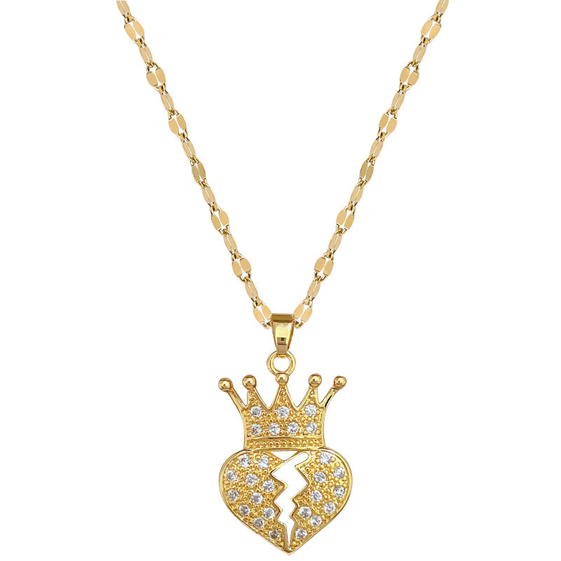 Collar de lujo con colgante de corazón de corona de acero de titanio para mujer con incrustaciones de diamantes de imitación, diseño geométrico, delicada cadena para la clavícula