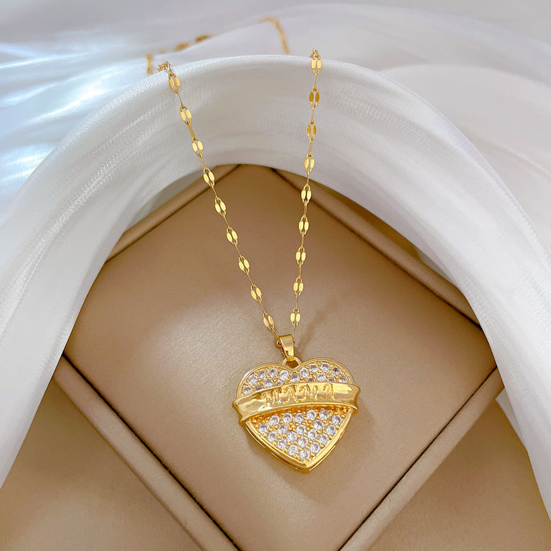 Collana da donna in acciaio al titanio di lusso con ciondolo a cuore e finitura placcata, design geometrico, delicata catena clavicola per matrimoni, banchetti e occasioni speciali
