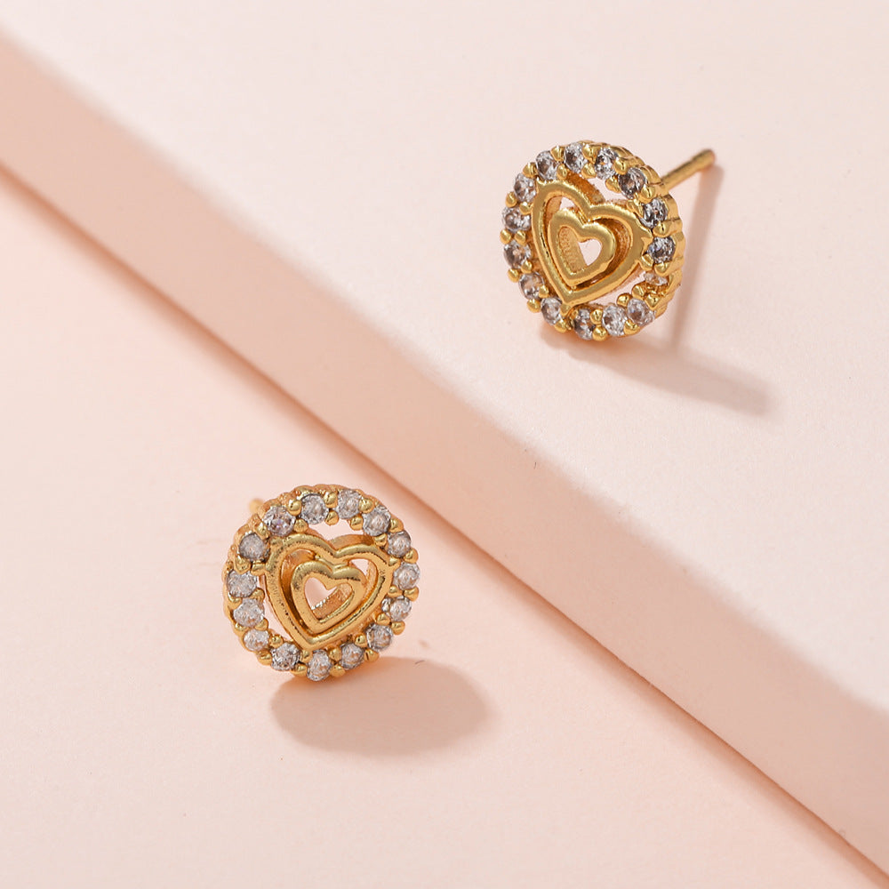 Minimalist Elegant Gold Plated Brass Heart Earrings with Micro-Inlaid Cubic Zirconia