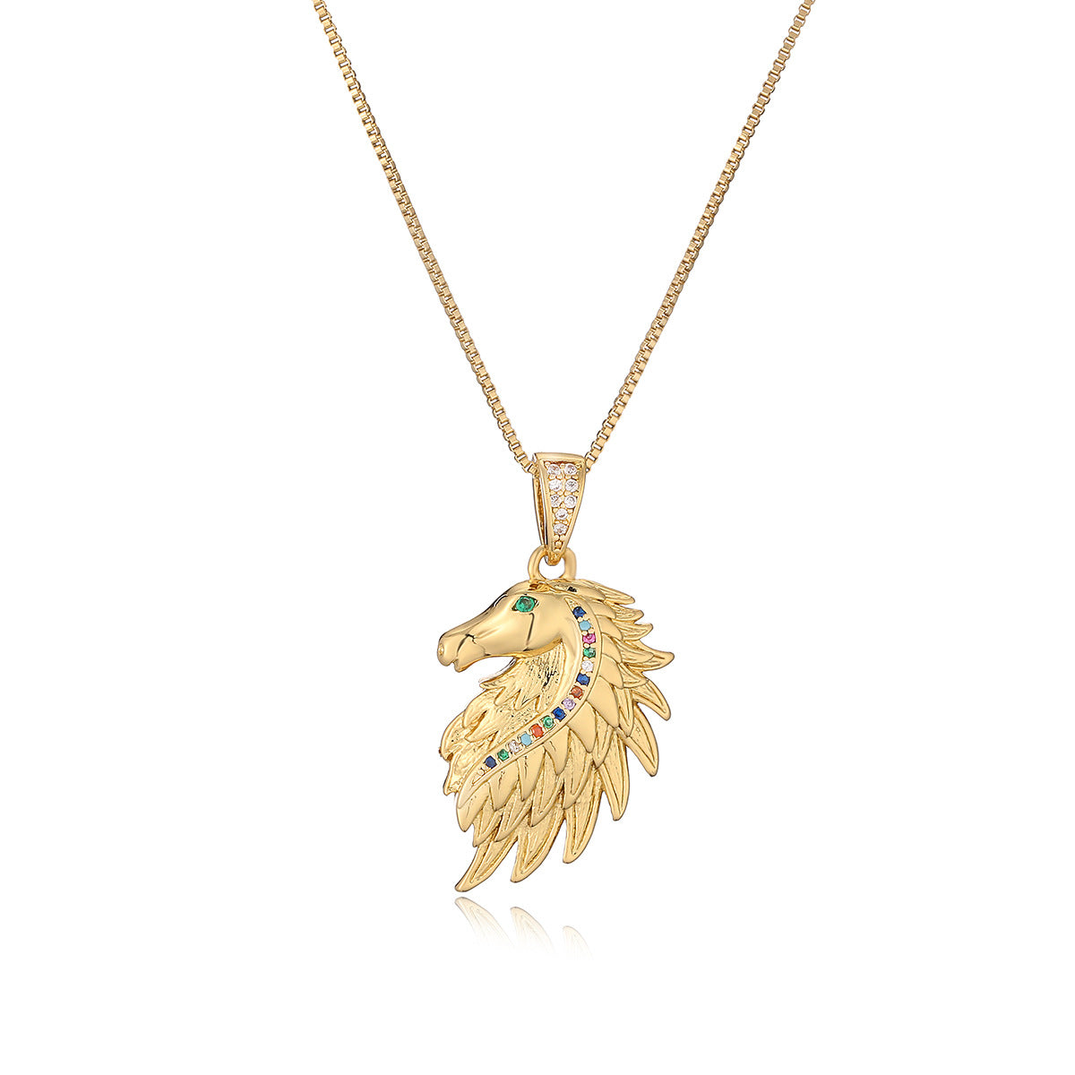 Collana con Pendente a Cavallo Geometrico Minimalista da Donna in Rame Placcato Oro con Intarsio di Zirconi