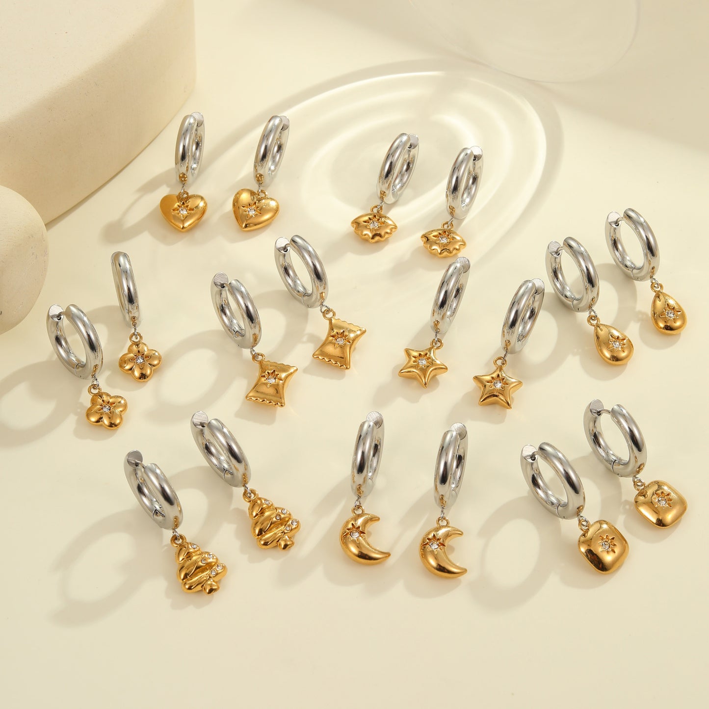 Fashionable Heart and Star Shaped Stainless Steel Earrings with 18K Gold and Silver Plating for Women