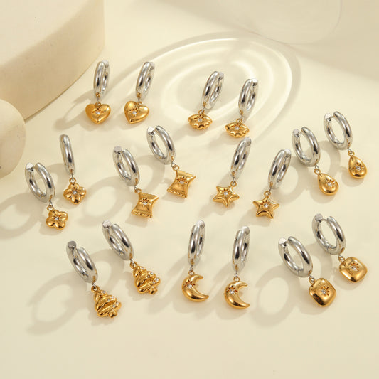 Fashionable Heart and Star Shaped Stainless Steel Earrings with 18K Gold and Silver Plating for Women