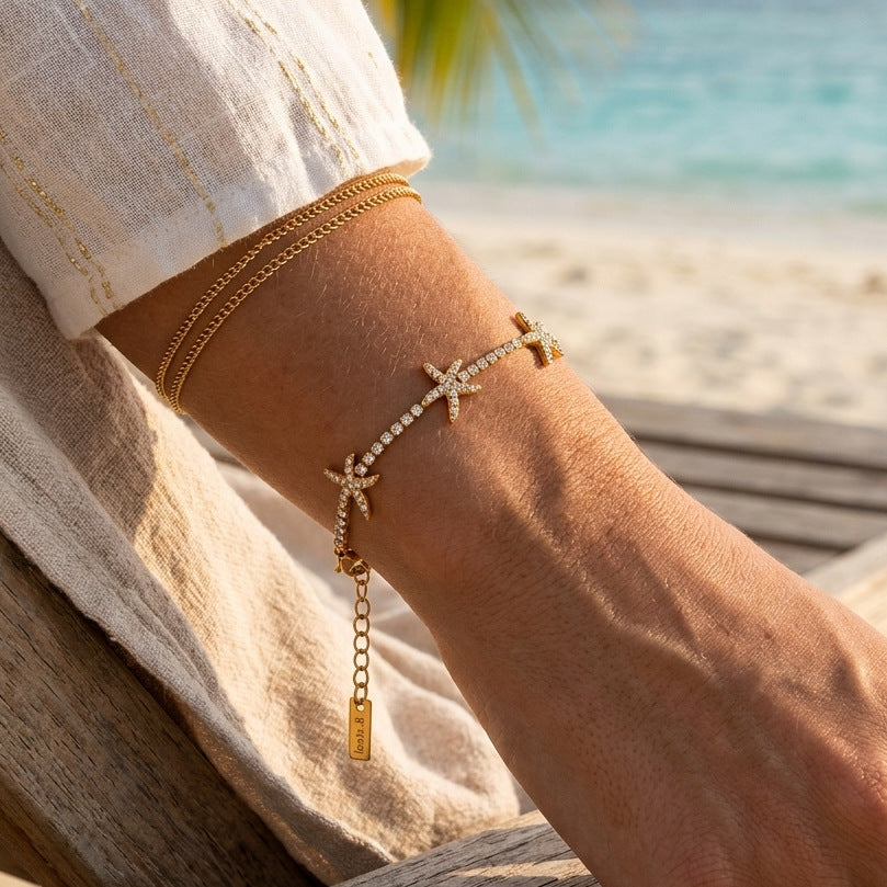 Elegant Minimalist Starfish Stainless Steel Plated Cubic Zirconia Bracelet for Women