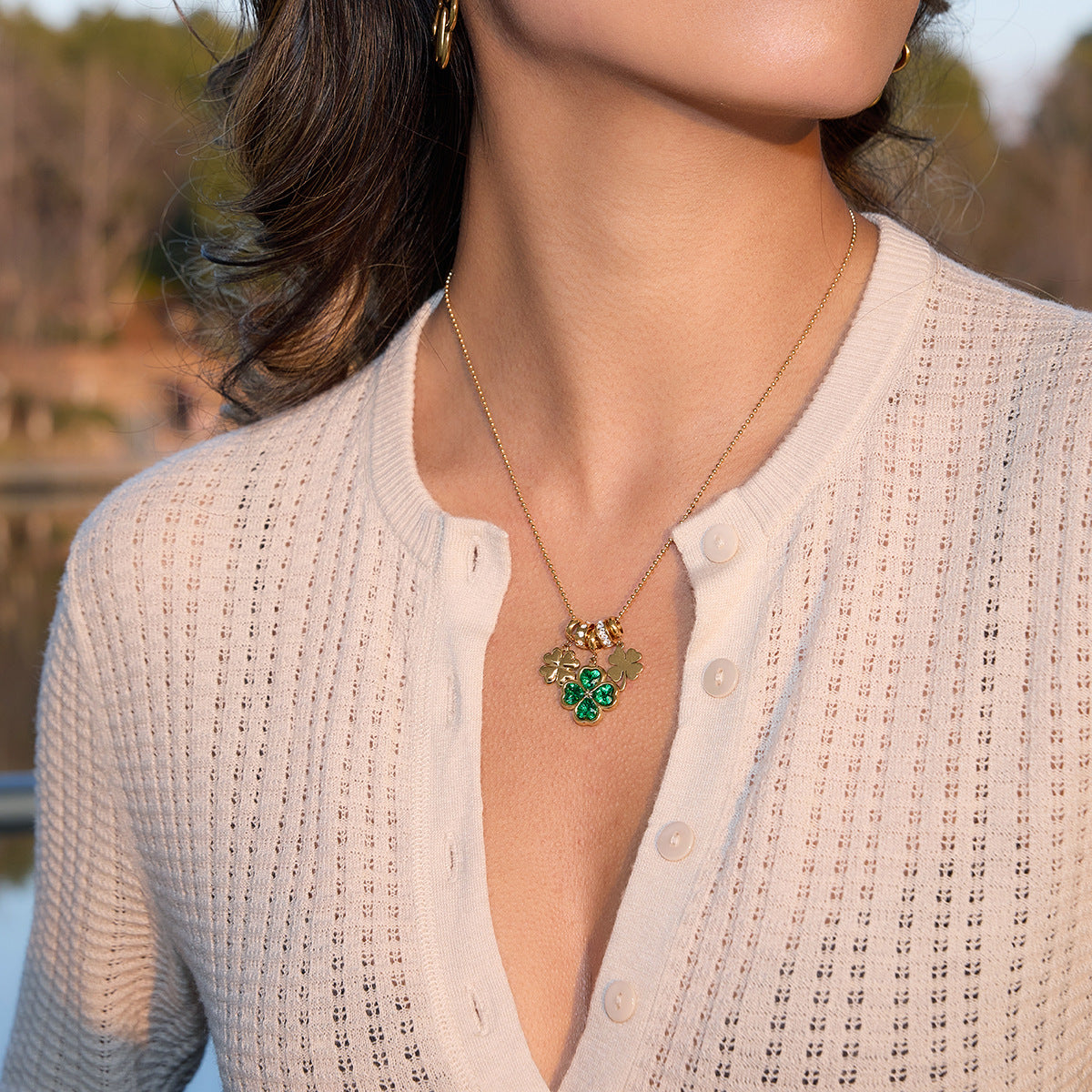 Elegant Green Cubic Zirconia Four-Leaf Clover Stainless Steel PVD Necklace for Women