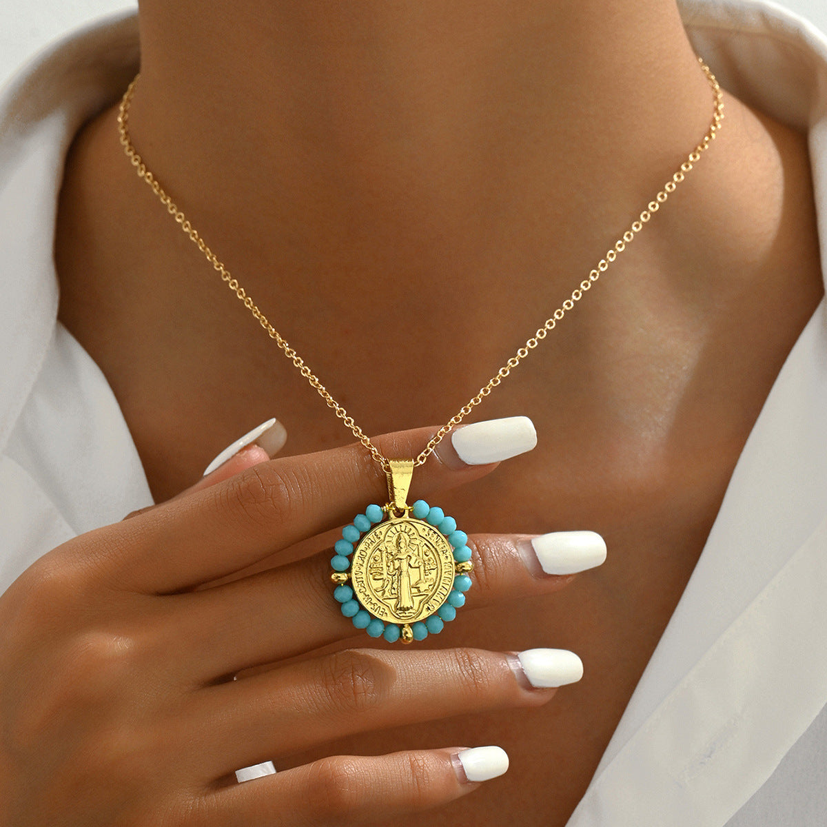 Collana pendente con perline a rombi geometrici in stile bohémien da donna con catena in rame placcato