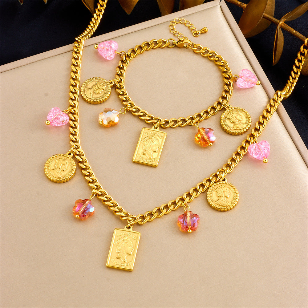 Set Collana con Ciondolo a Farfalla e Bracciale in Acciaio Inossidabile con Finitura Placcata, Stile Vintage