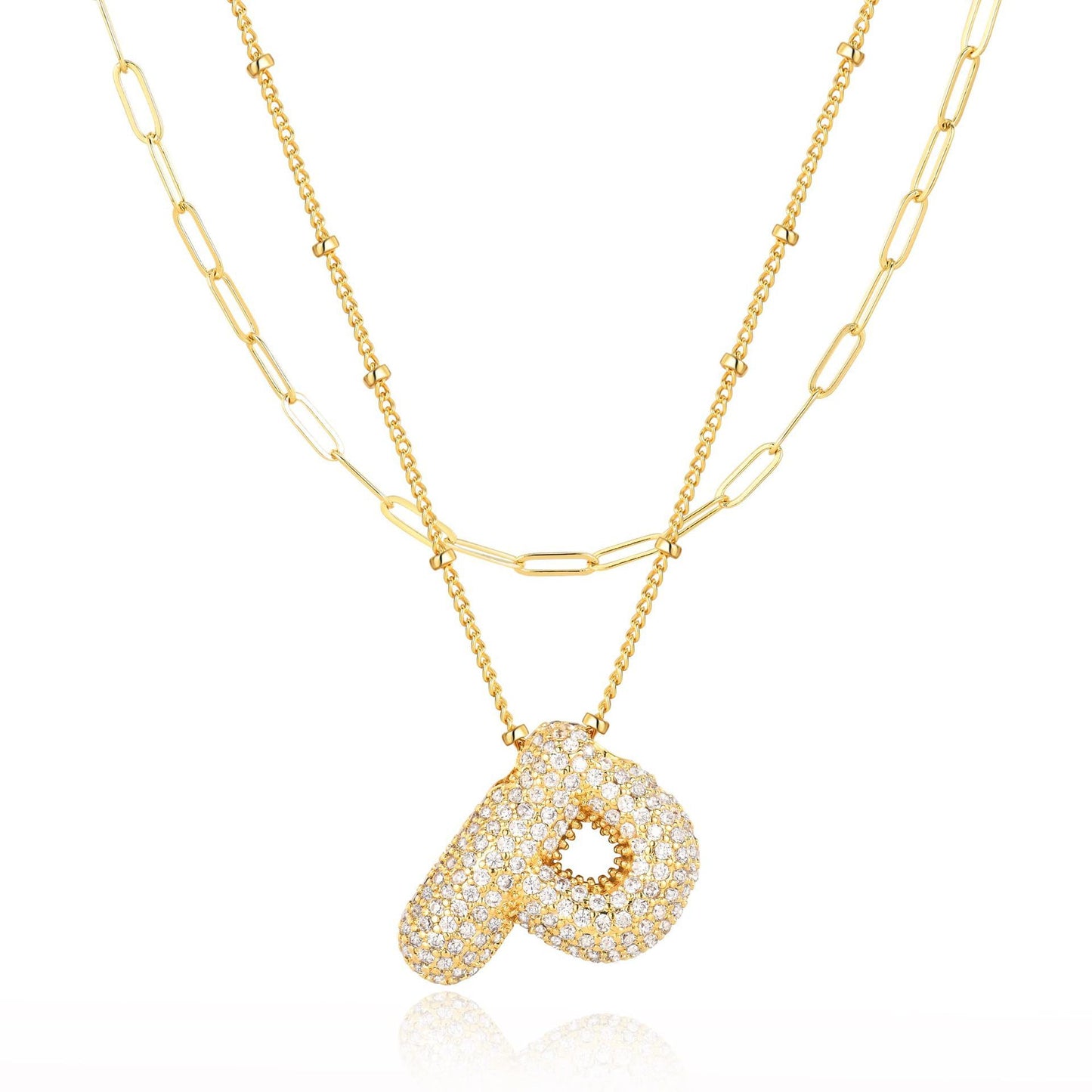 18K Gold Plated Brass Double Layer Letter Necklace Micro Pave Cubic Zirconia Serpentine Chain Women's Jewelry