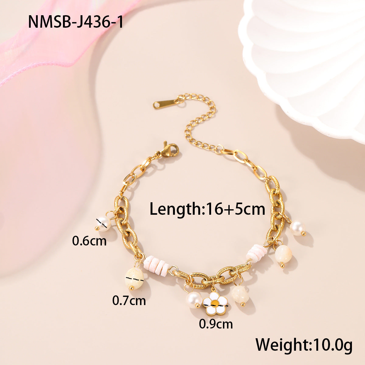 Fashionable Summer Ocean-Themed Titanium Steel Bracelet with Gold-Plated Flower Beads and Geometric Design for Women