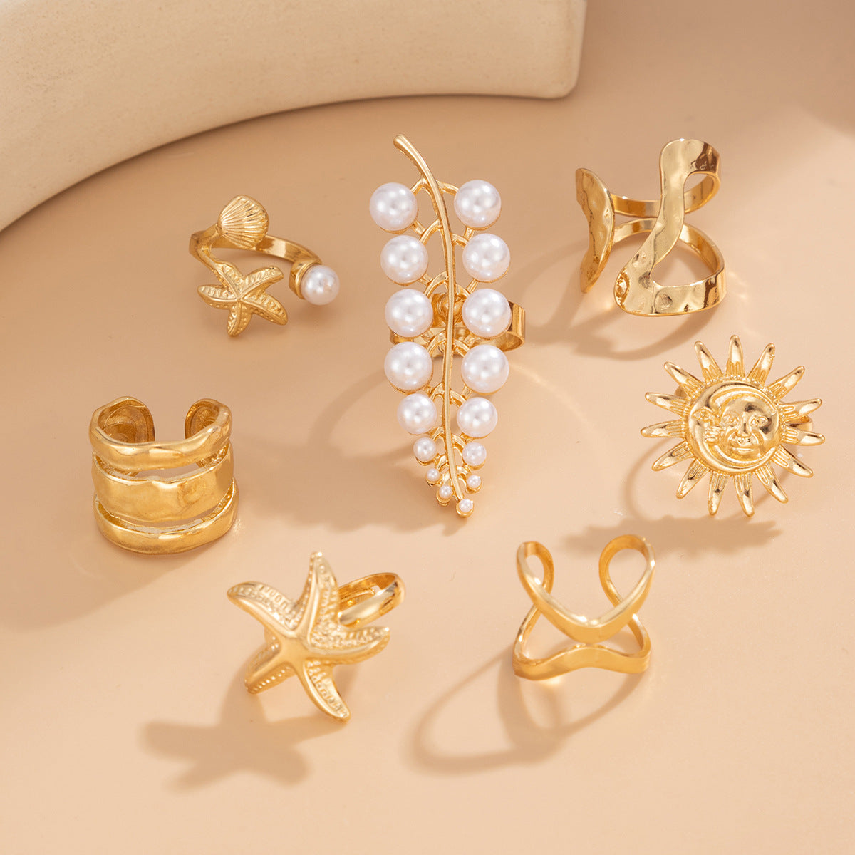 Sweet Star Shaped Zinc Alloy Plated Ring Set with Pearl Inlay for Women
