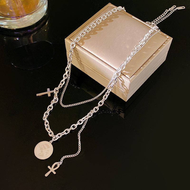 Layered Titanium Steel Round Cross Pendant Necklace Geometric Plated Chain for Men and Women