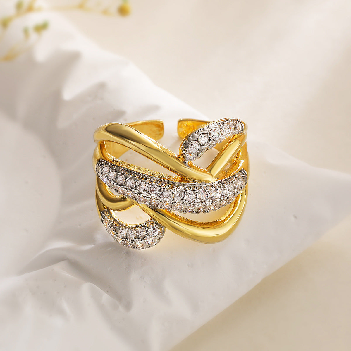 Anello Aperto Geometrico Minimalista alla Moda da Donna in Rame con Zirconi Micro-Incastonati
