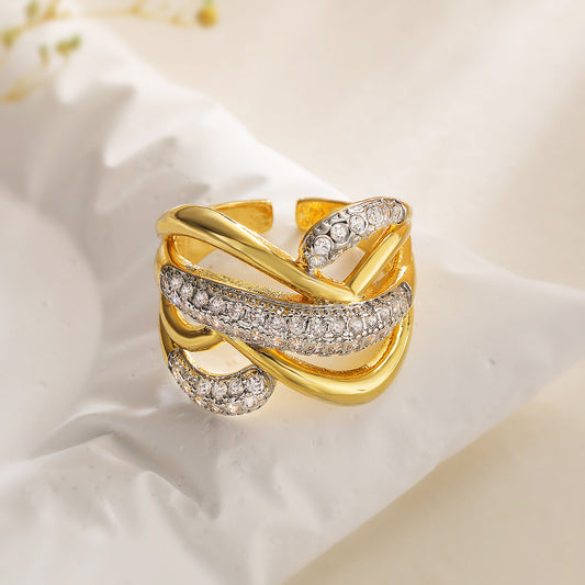 Anillo abierto geométrico minimalista de moda para mujer en cobre con circonita micro-pavé