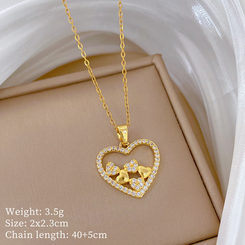 Sweet Minimalist Heart Moon Geometric Rhinestone Titanium Steel Necklace for Unisex