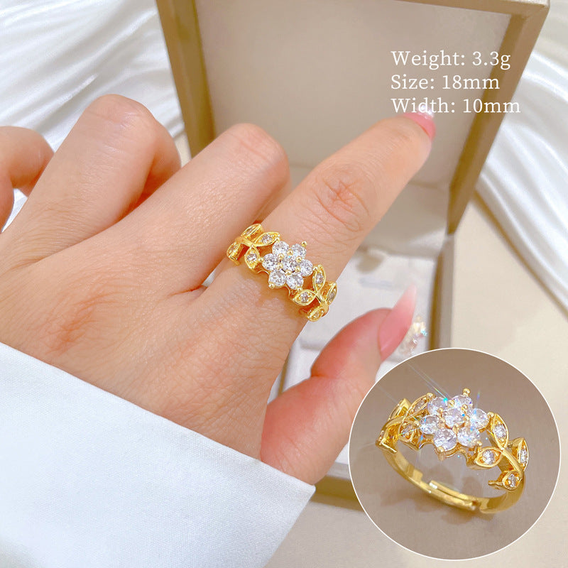 Sweet Minimalist Gold Plated Floral Rhinestone Adjustable Ring for Women and Couples