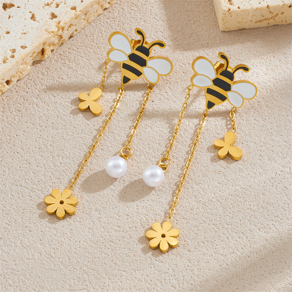 Sweet Cartoon Drip Oil Stainless Steel Butterfly Bee Flower Tassel Jewelry Set for Women