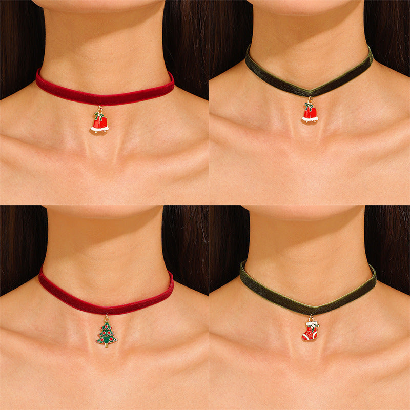 Collana girocollo vintage natalizia da donna con ciondolo a campana in lega, design geometrico, finitura galvanica, nastro in velluto regolabile