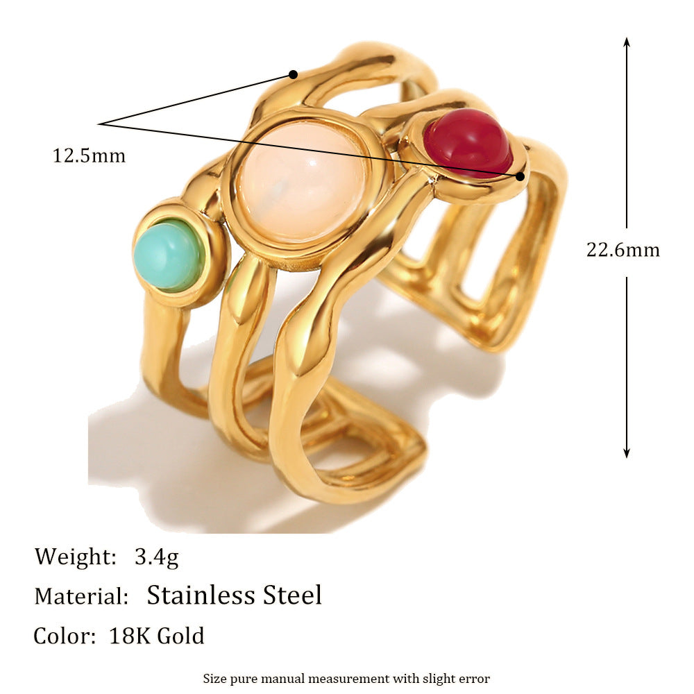 Minimalist Geometric Stainless Steel Ring with 18K Gold Plating and Multicolor Gemstone Accents for Women